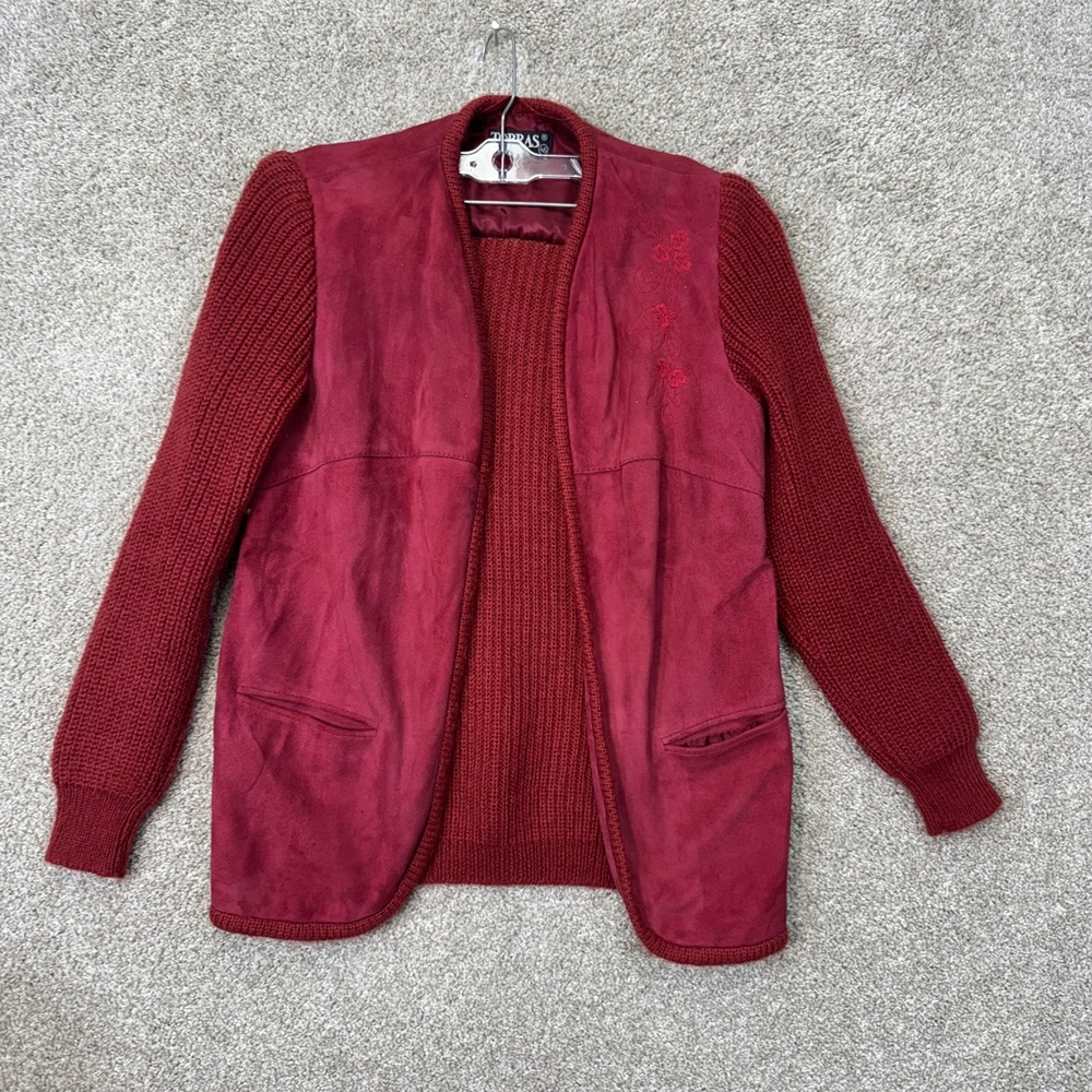 Torras Cardigan Jacket‎ Womens 46 Burgundy Red Suede Knit Mixed Media Spain